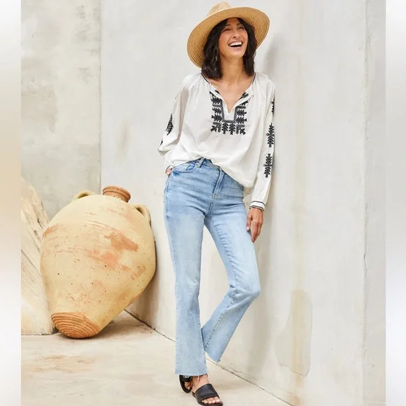 Karen Kane | Boho Peasant Embroidered Cotton Women Top Cream (Off white) Med - Picture 2 of 13